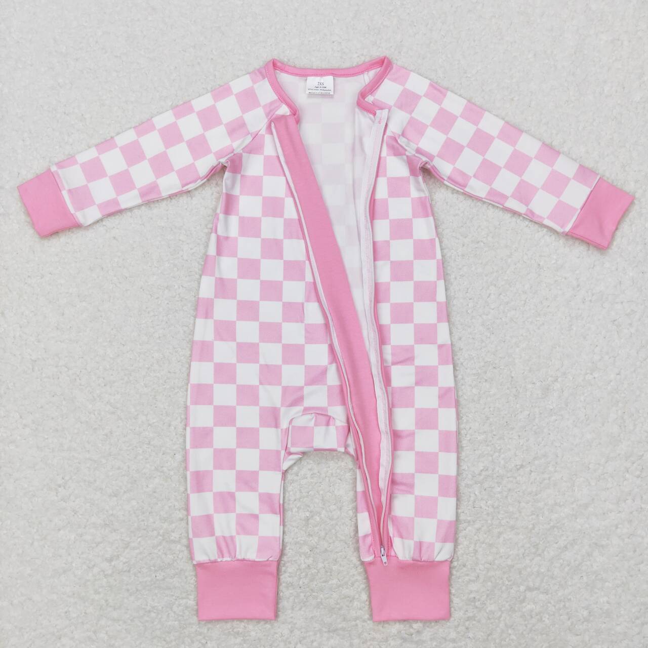 LR0810 Pink Plaid Print Baby Girls Sleeper Zipper Romper