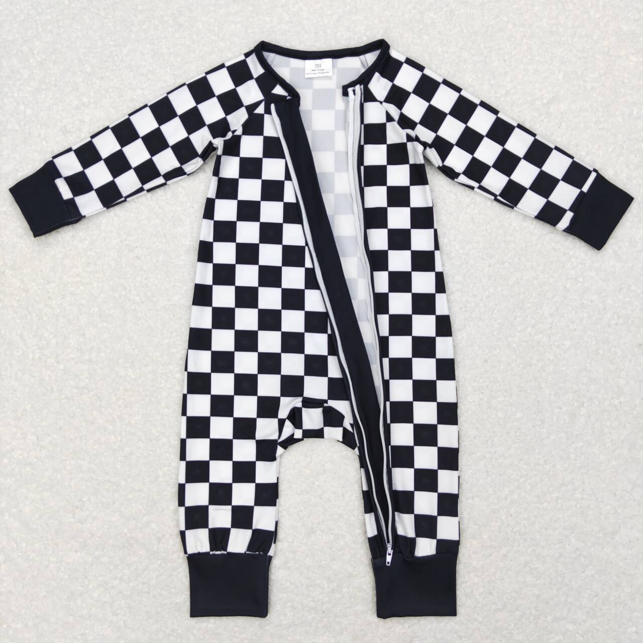 LR0812 Black Plaid Print Baby Kids Sleeper Zipper Romper