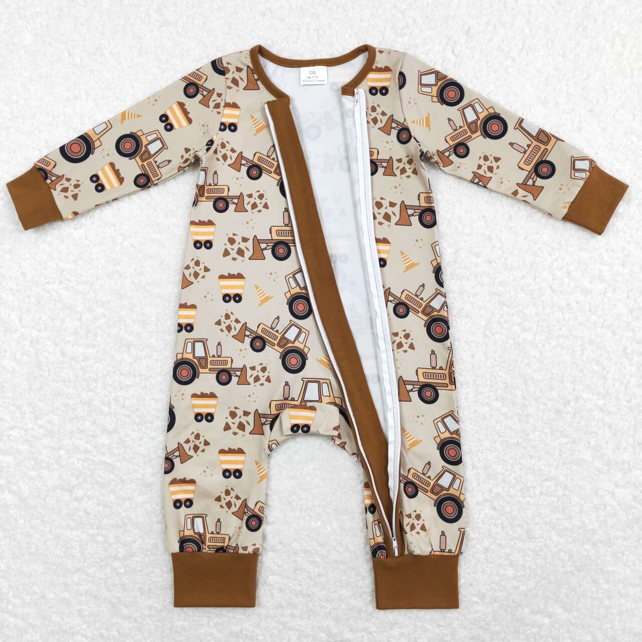 USA-Shop LR0508 Brown Construction Print Baby Boys Zipper Romper