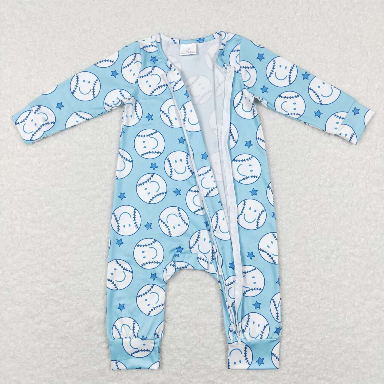 LR0824 Blue Baseball Print Baby Boys Sleeper Zipper Romper