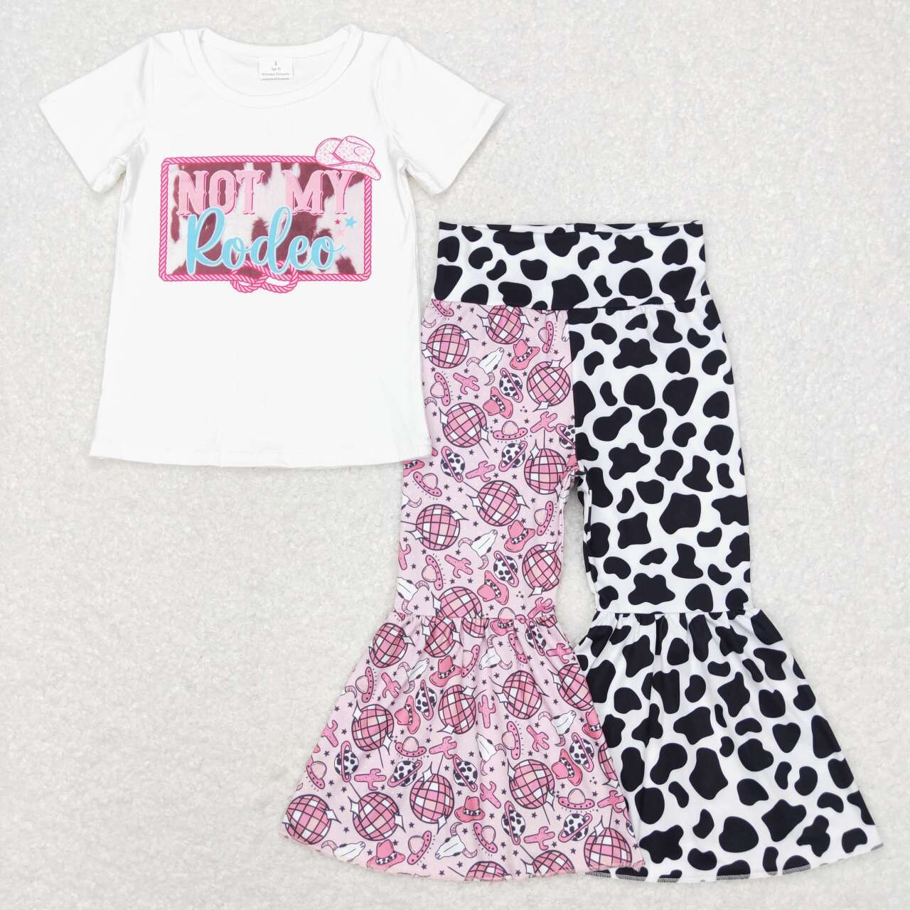 GSPO1208 Western Pink NOT MY RODEO Top Bell Pants Girls Western Clothes Set