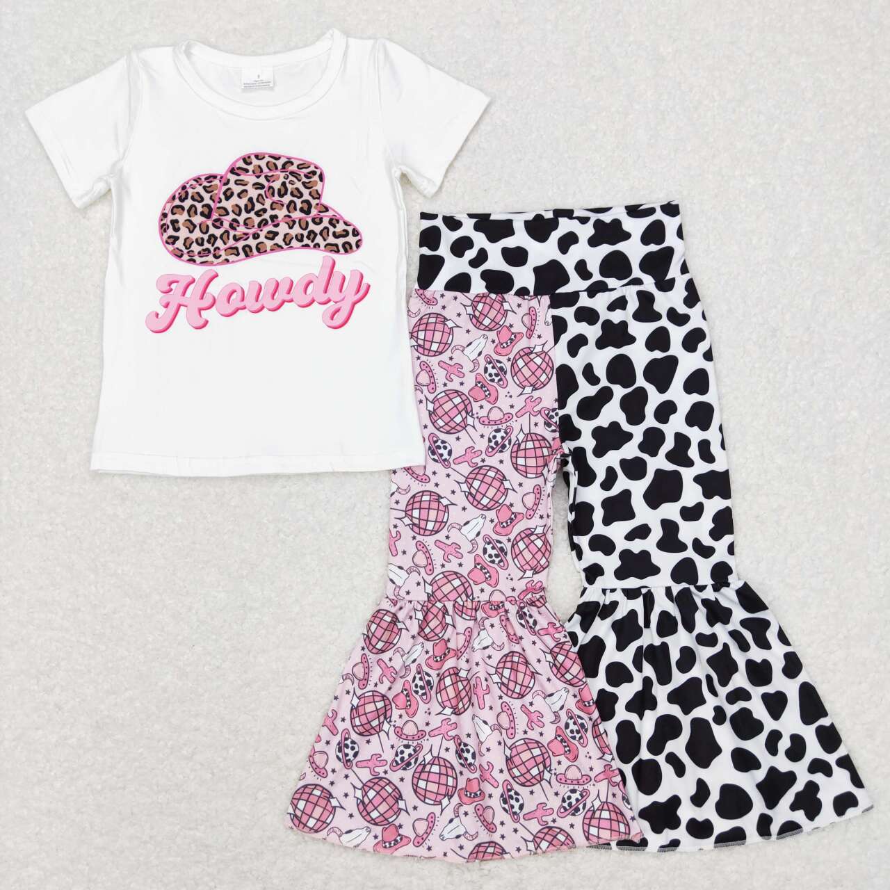 GSPO1209 Pink HOWDY Hat Top Bell Pants Girls Western Clothes Set