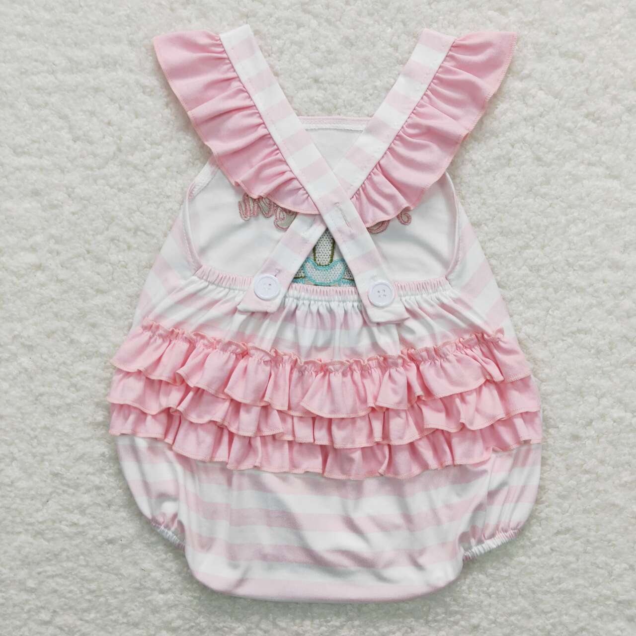 SR0564 He Is Risen Cross Embroidery Baby Girls Bubble Easter Romper
