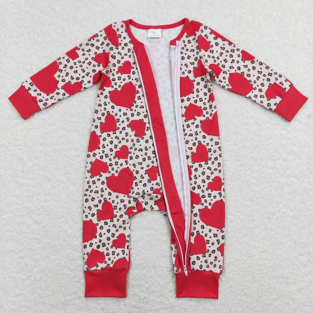 LR0775 Red Heart Leopard Print Baby Girls Valentine's Day Zipper Romper