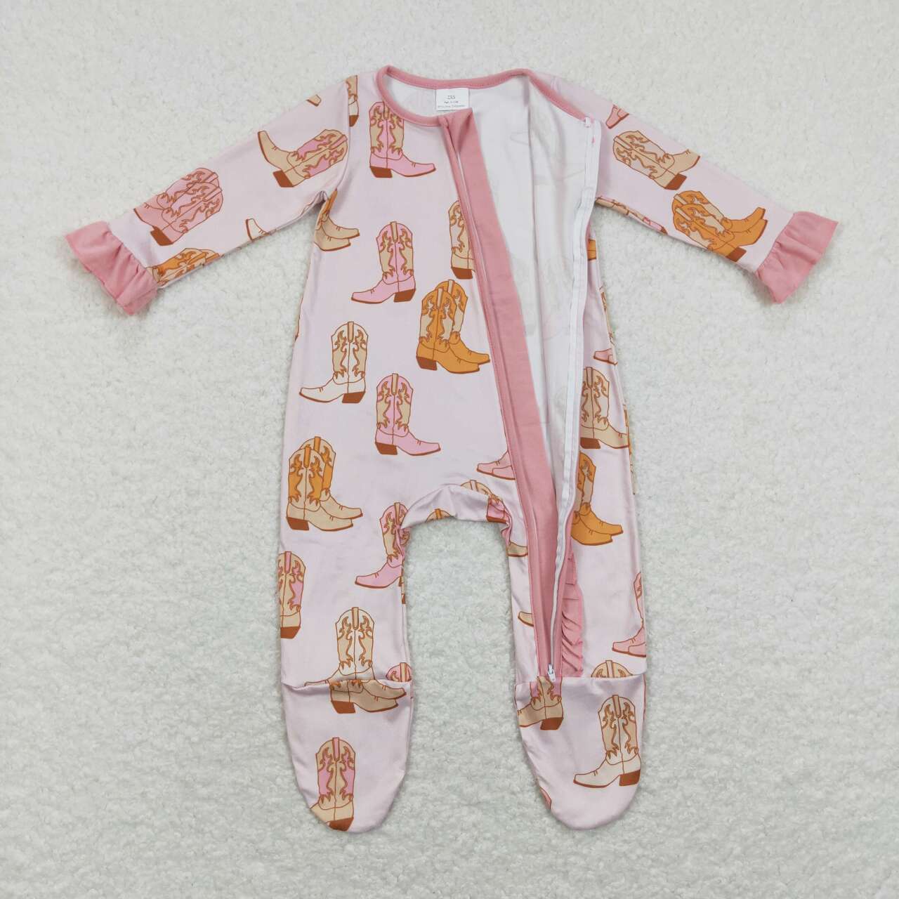 LR0852 Pink Boots Print Baby Girls Western Sleeper Zipper Romper