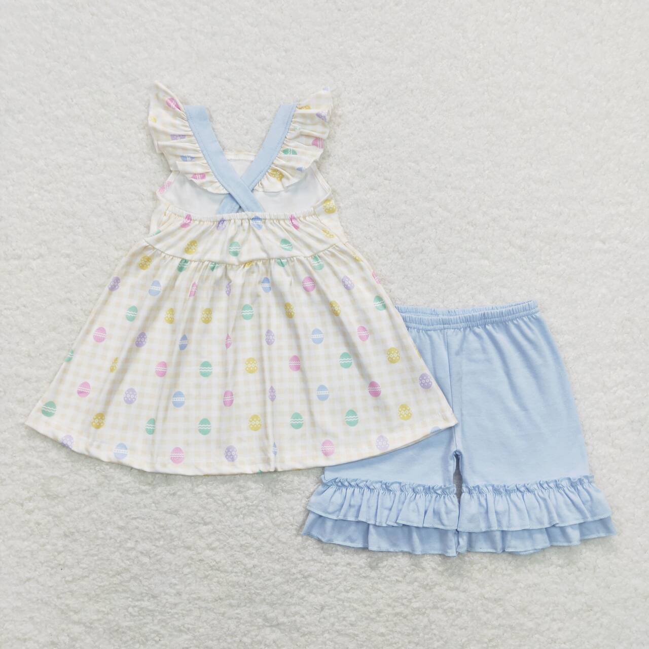 GSSO0420 Egg Print Bow Tunic Top Blue Shorts Girls Easter Clothes Set