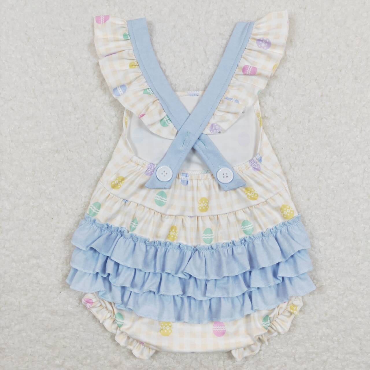 SR0656 Egg Print Bow Baby Girls Easter Bubble Romper
