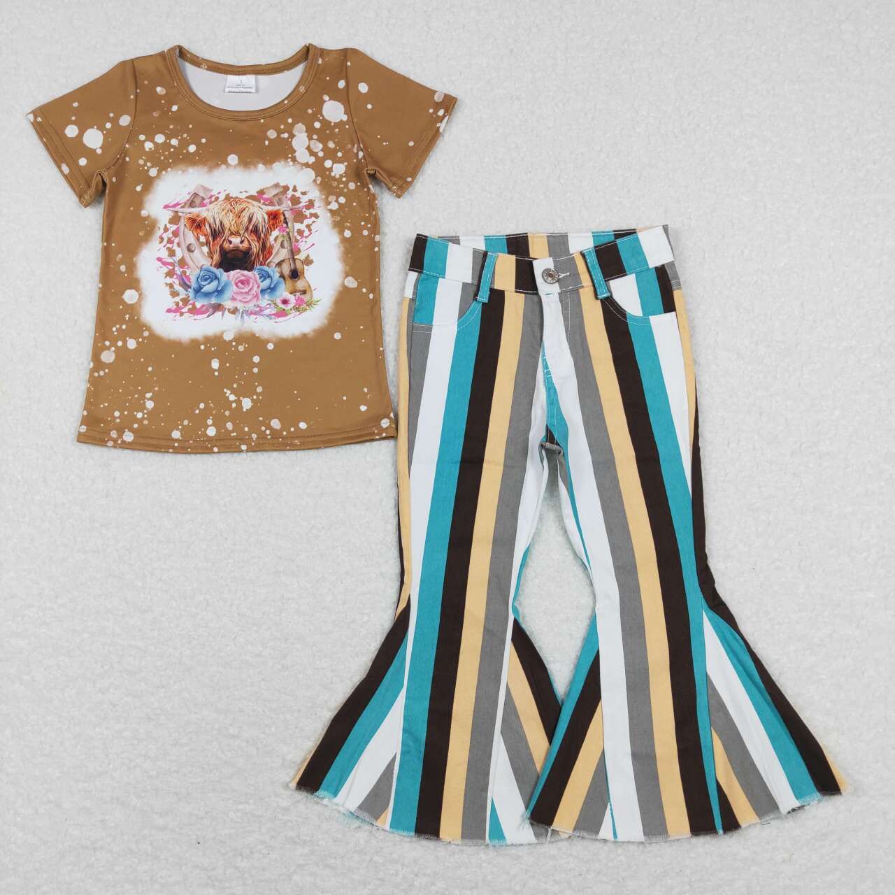 GSPO0875 Highland Cow Flowers Top Blue Stripes Denim Bell Jeans Girls Western Clothes Set