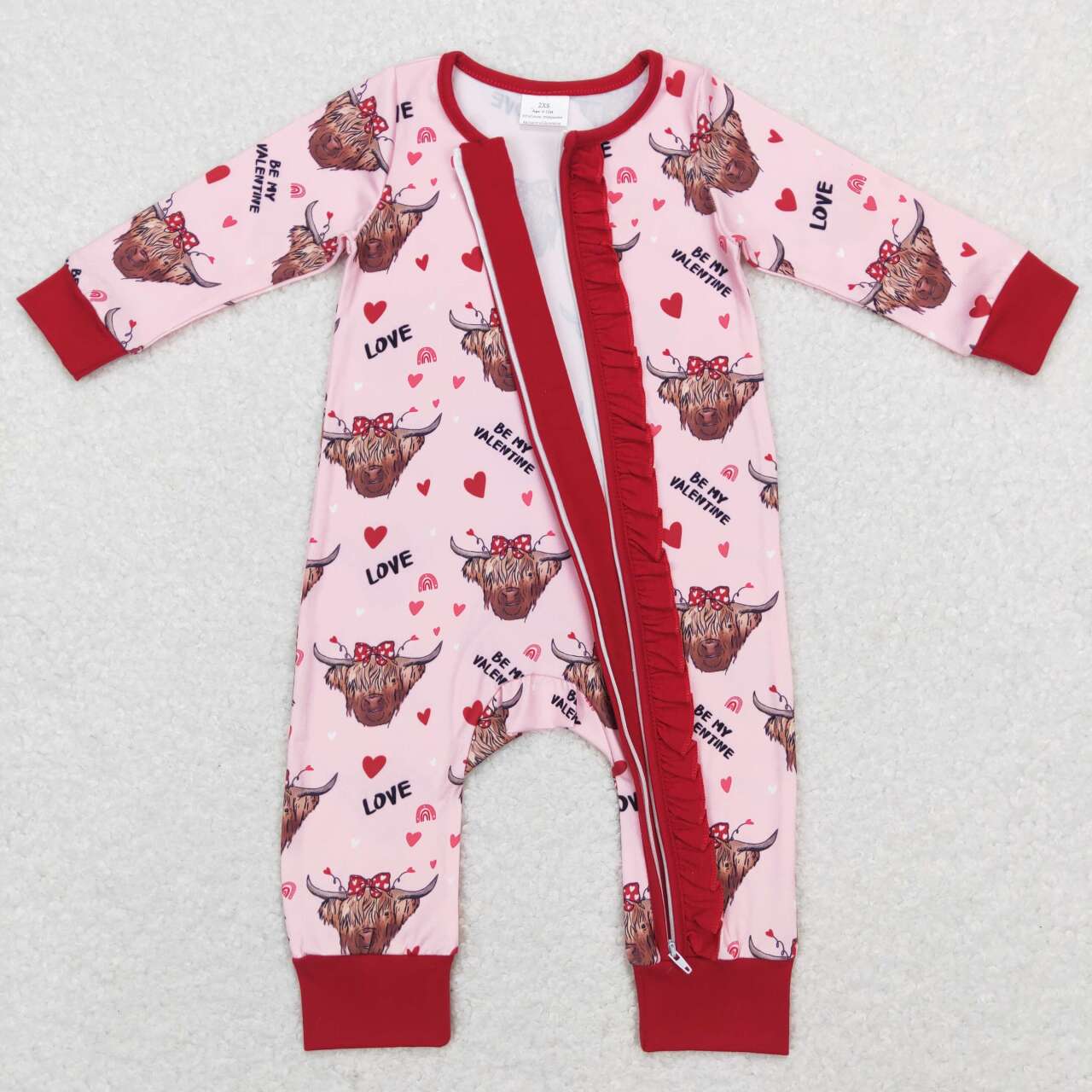 LR0804 Highland Cow Heart Love Print Baby Girls Valentine's Sleeper Zipper Romper