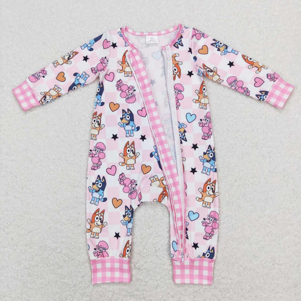LR0870 Cartoon Dog Heart Print Baby Girls Zipper Valentine's Romper