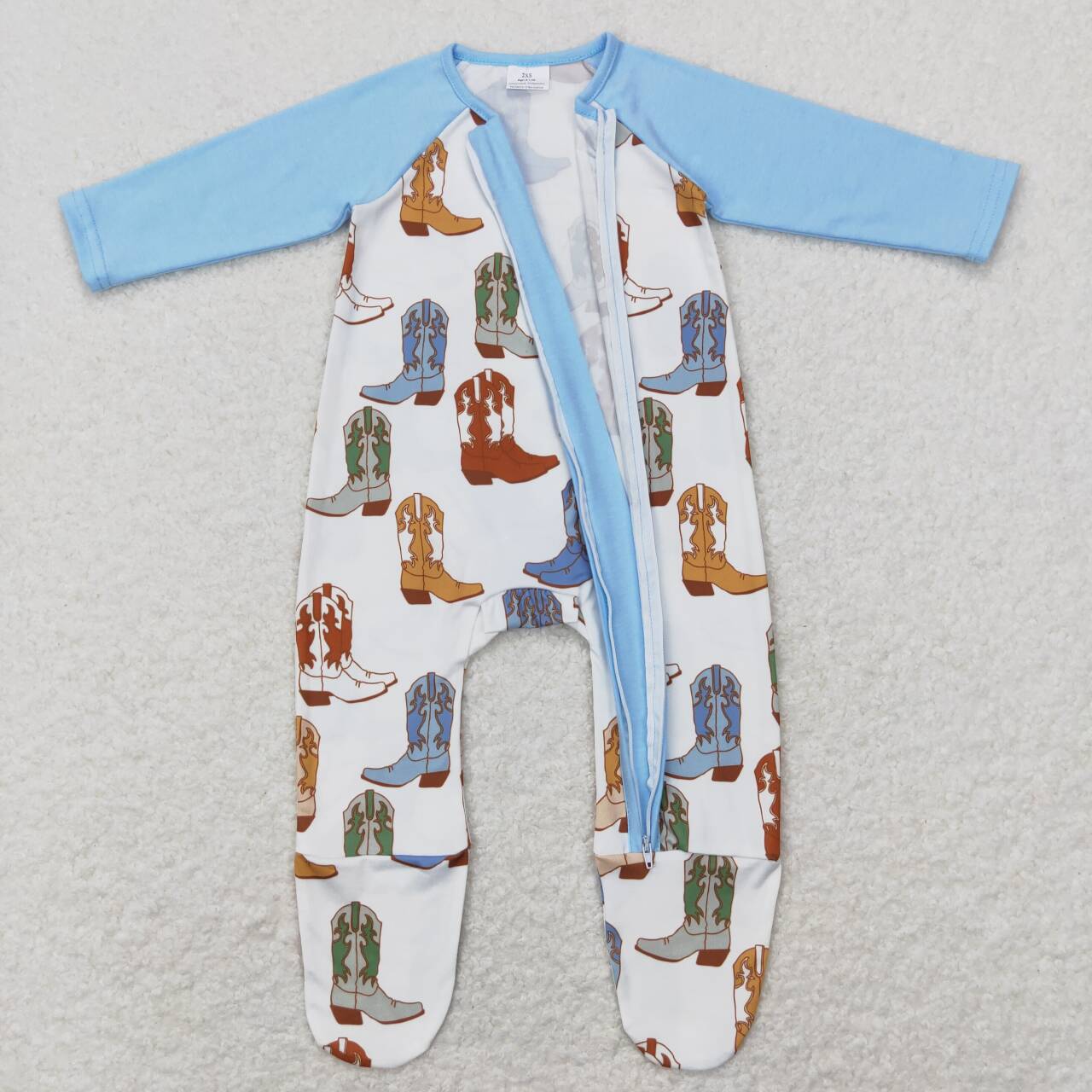 LR0853 Blue Boots Print Baby Boys Zipper Romper