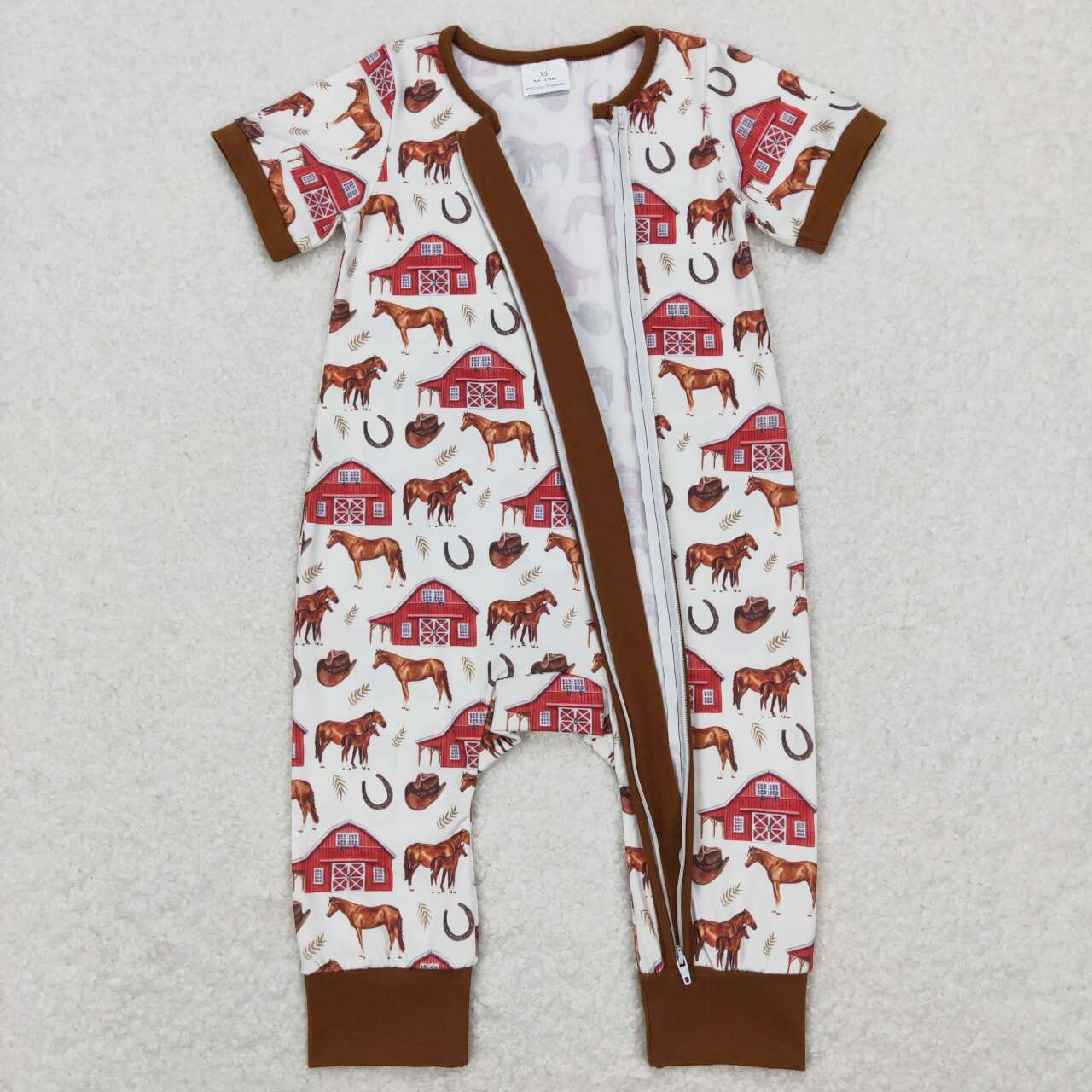 SR0509 Brown Horse Farm Print Baby Boys Sleeper Zipper Romper