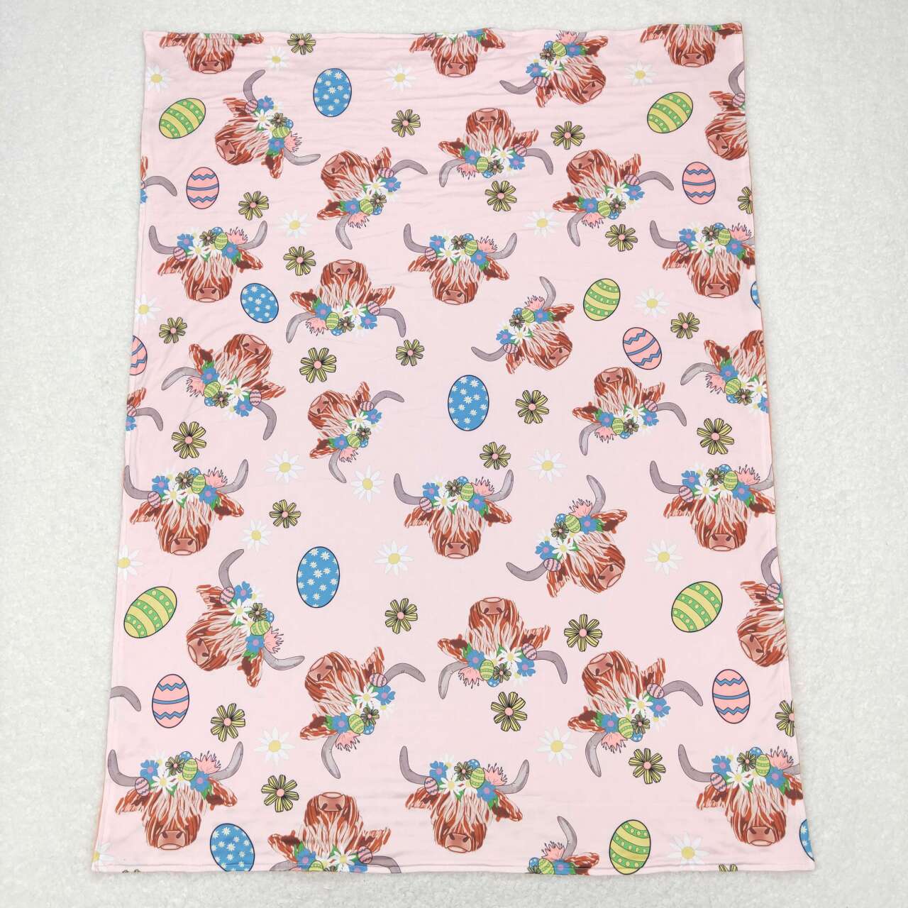 BL0095 Highland Cow Egg Flowers Print Baby Easter Minky Blanket