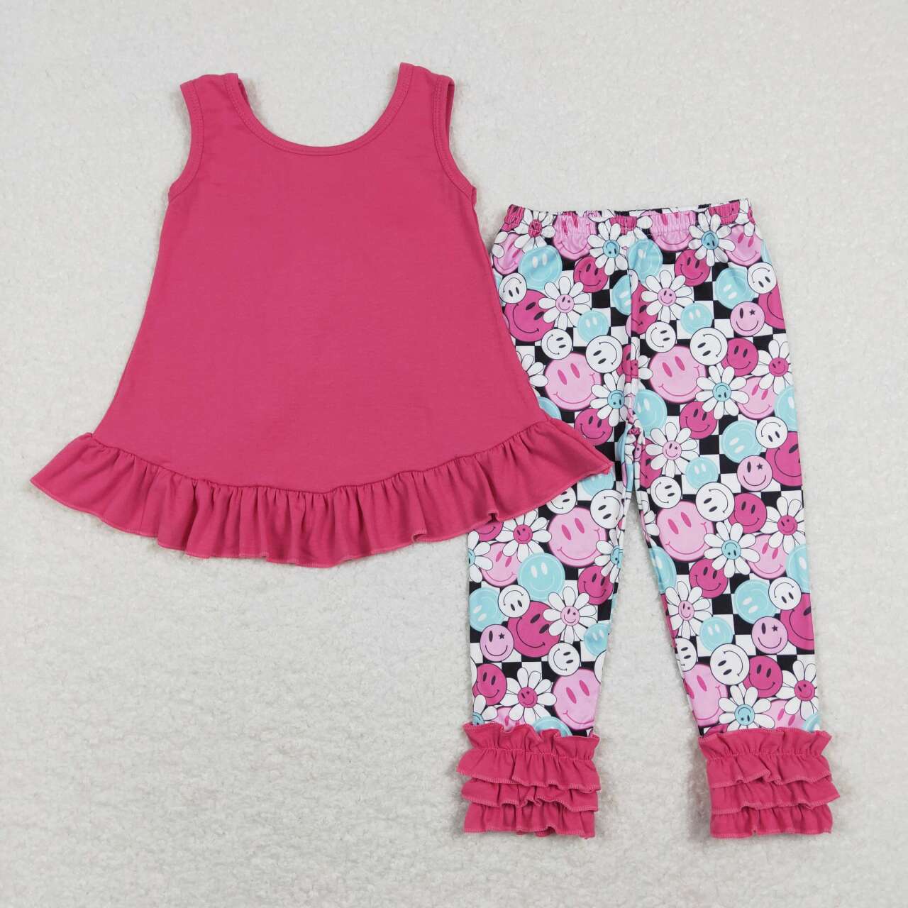 GSPO1098 Hot Pink Bow Top Smiling Face Flowers Legging Pants Girls Clothes Set