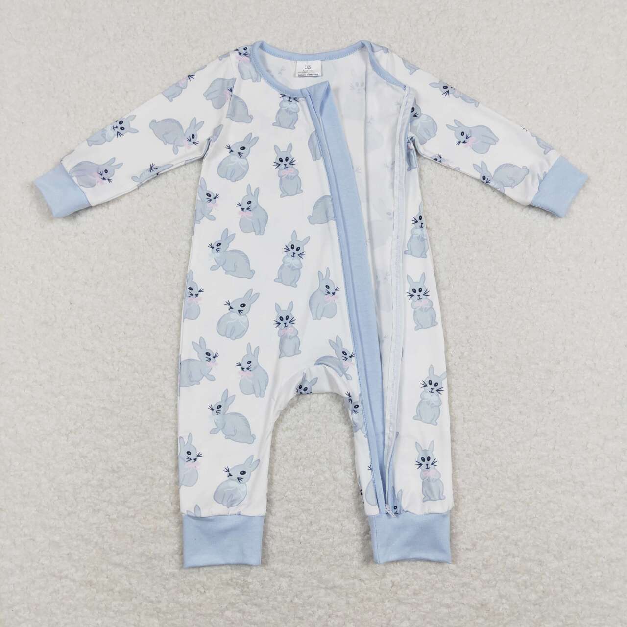 LR0837 Blue Bunny Print Baby Boys Sleeper Zipper Easter Romper