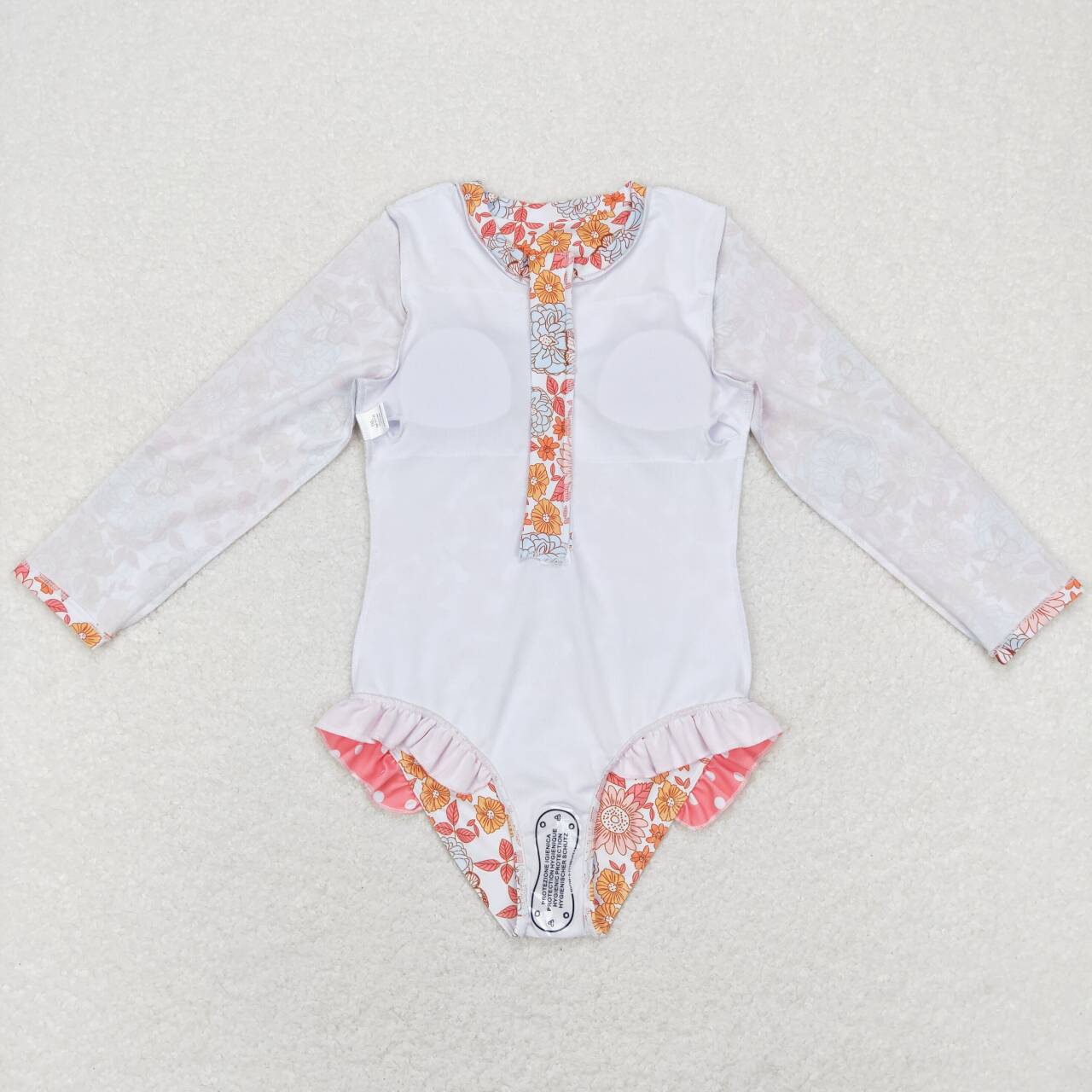 S0184 Girls Long Sleeve Flowers Print 1 Piece Zipper Swimsuits
