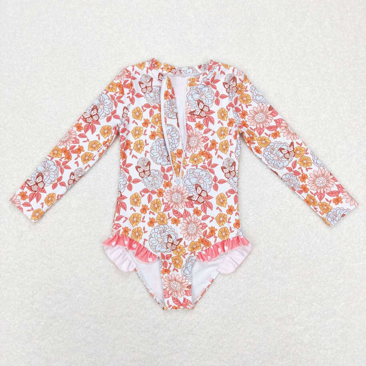 S0184 Girls Long Sleeve Flowers Print 1 Piece Zipper Swimsuits