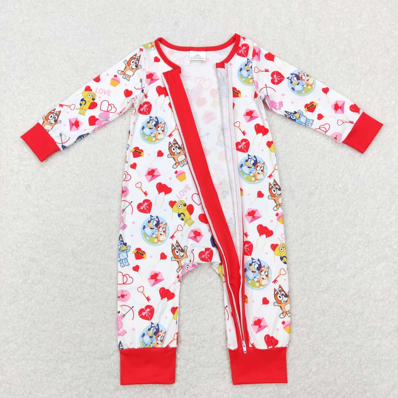 LR0908 Cartoon Dog Heart Print Baby Girls Valentine's Zipper Romper