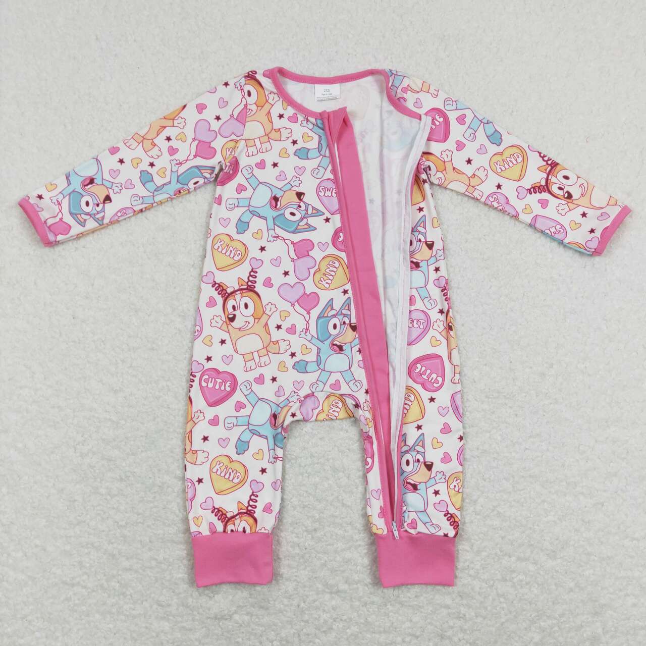 LR0886 Cartoon Dog Heart Print Baby Girls Valentine's Zipper Romper