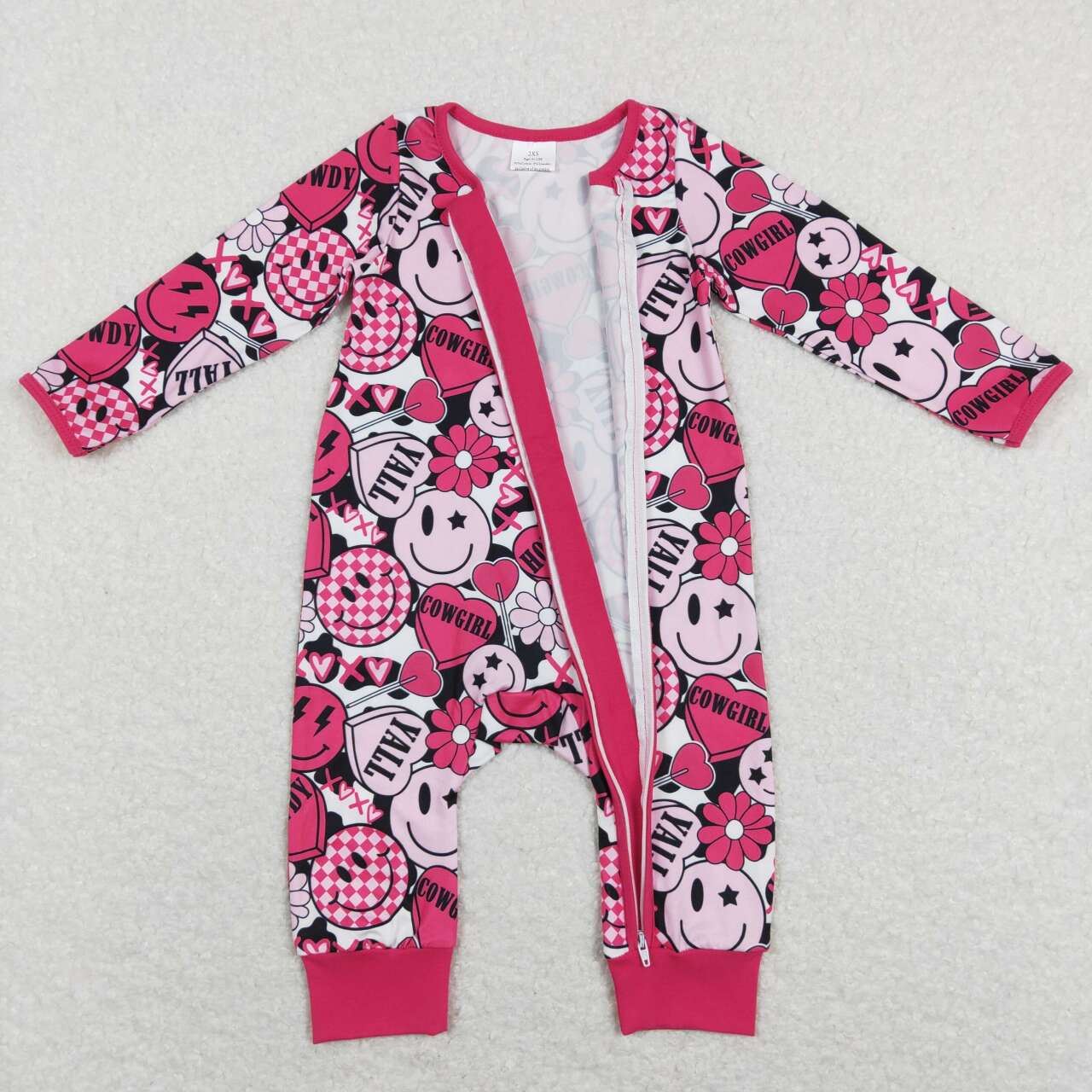 LR0896 Pink Heart Smiling Face XOXO Print Baby Girls Zipper Romper