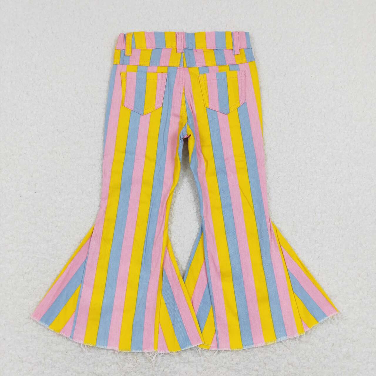 P0332 Blue Pink Yellow Stripes Denim Bell Bottom Jeans Girls Pants