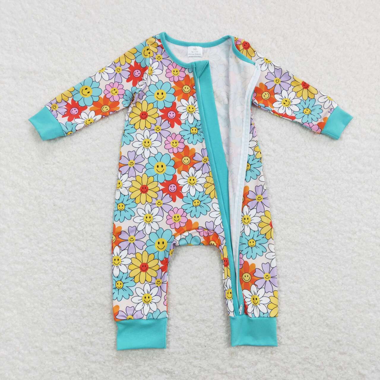 LR0899 Colorful Flowers Smiling Face Print Baby Girls Zipper Romper