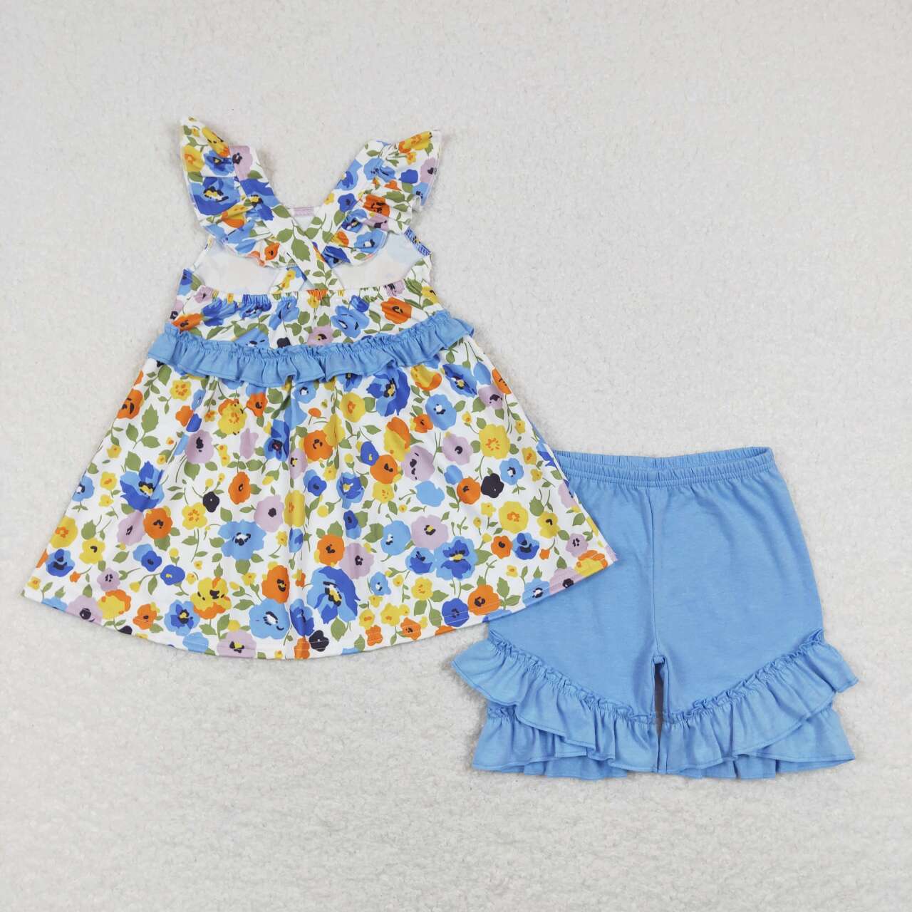 GSSO0494 Blue Flowers Print Girls Summer Clothes Set