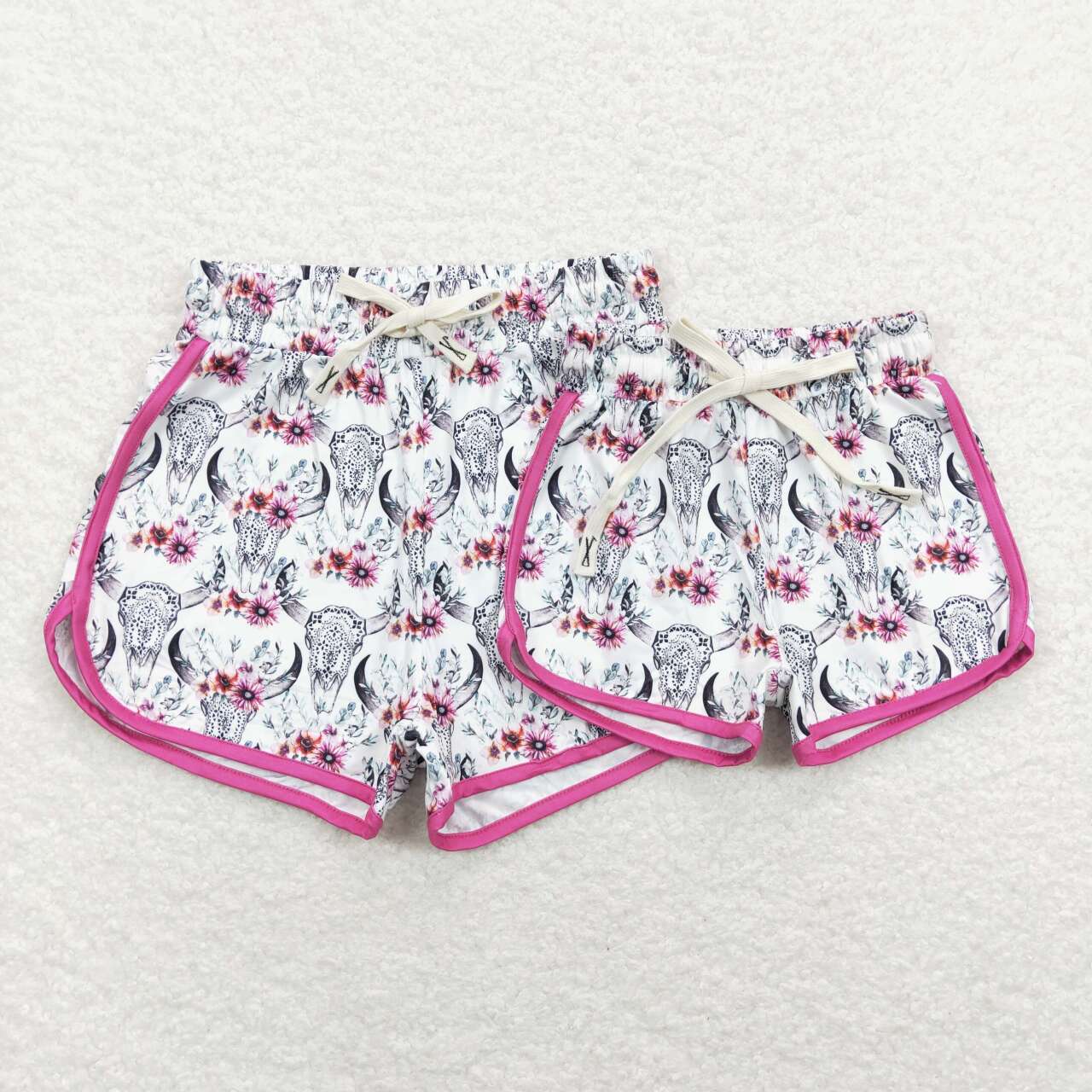 SS0127 Adult Flowers Cowskull Print Summer Western Woman Shorts