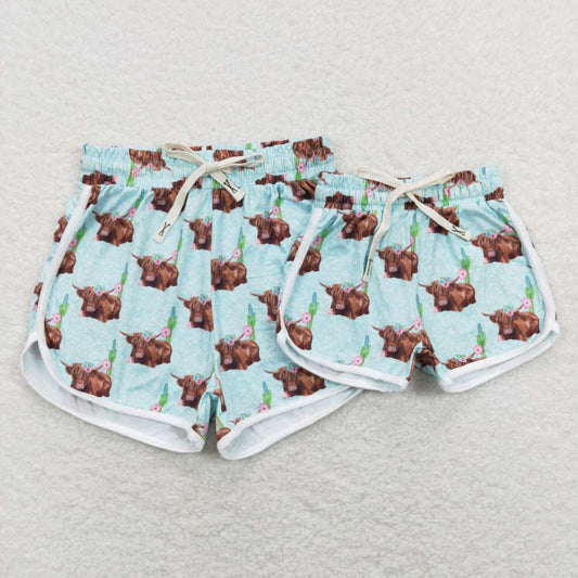SS0123 Flowers Highland Cow Print Girls Summer Western Shorts