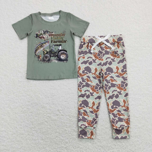 BSPO0339 Huntin' Fishin' Farmin'  Top Camo Pants Boys Clothes Set