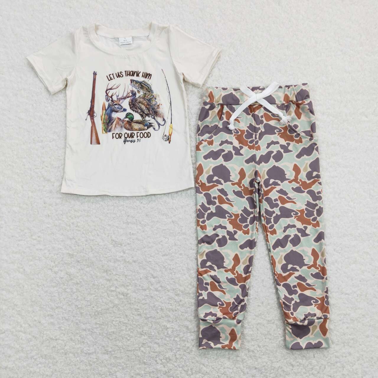BSPO0340 Let Us Thank Him For Our Food Top Camo Pants Boys Clothes Set