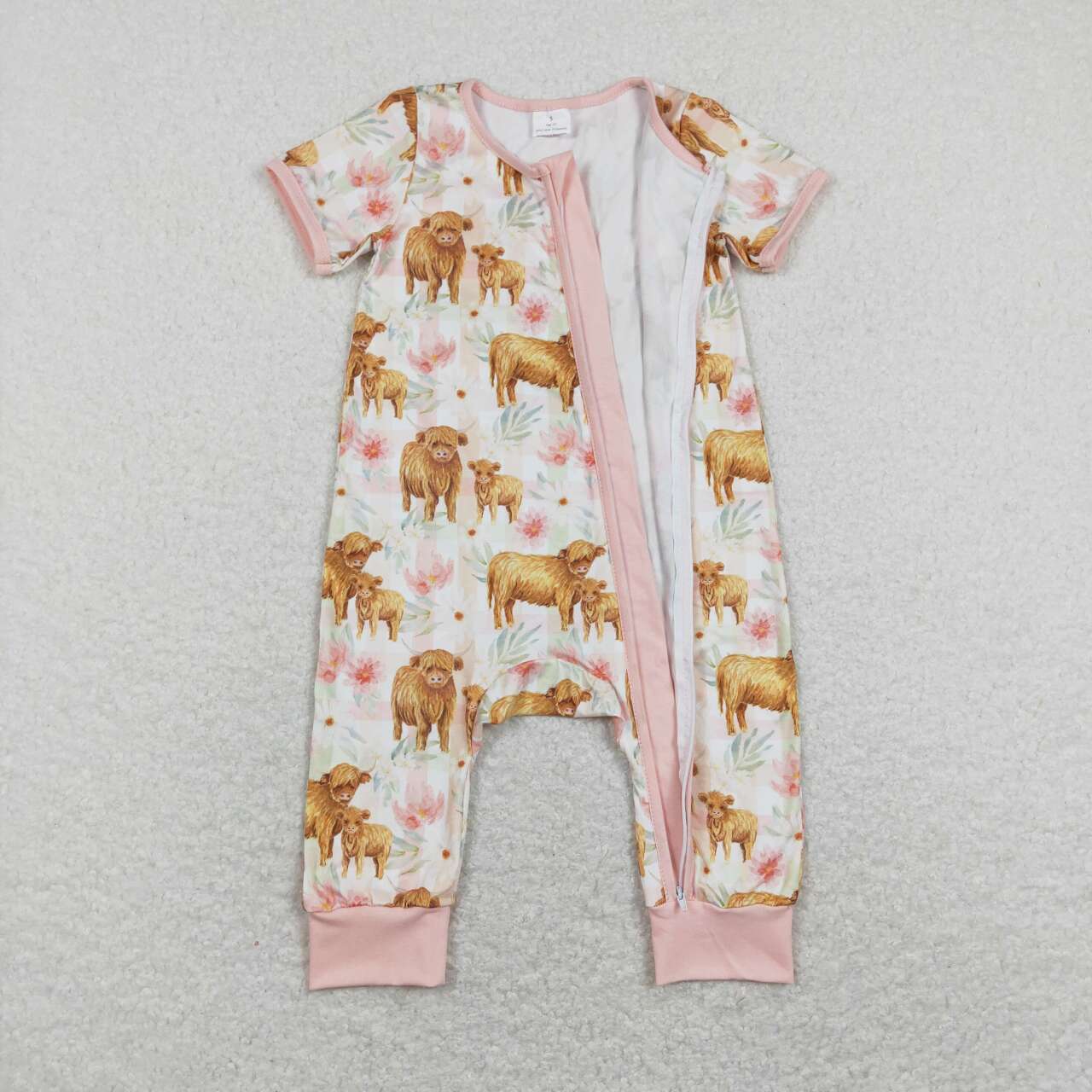 USA-Shop SR0940 Flowers Highland Cow Print Baby Girls Zipper Romper