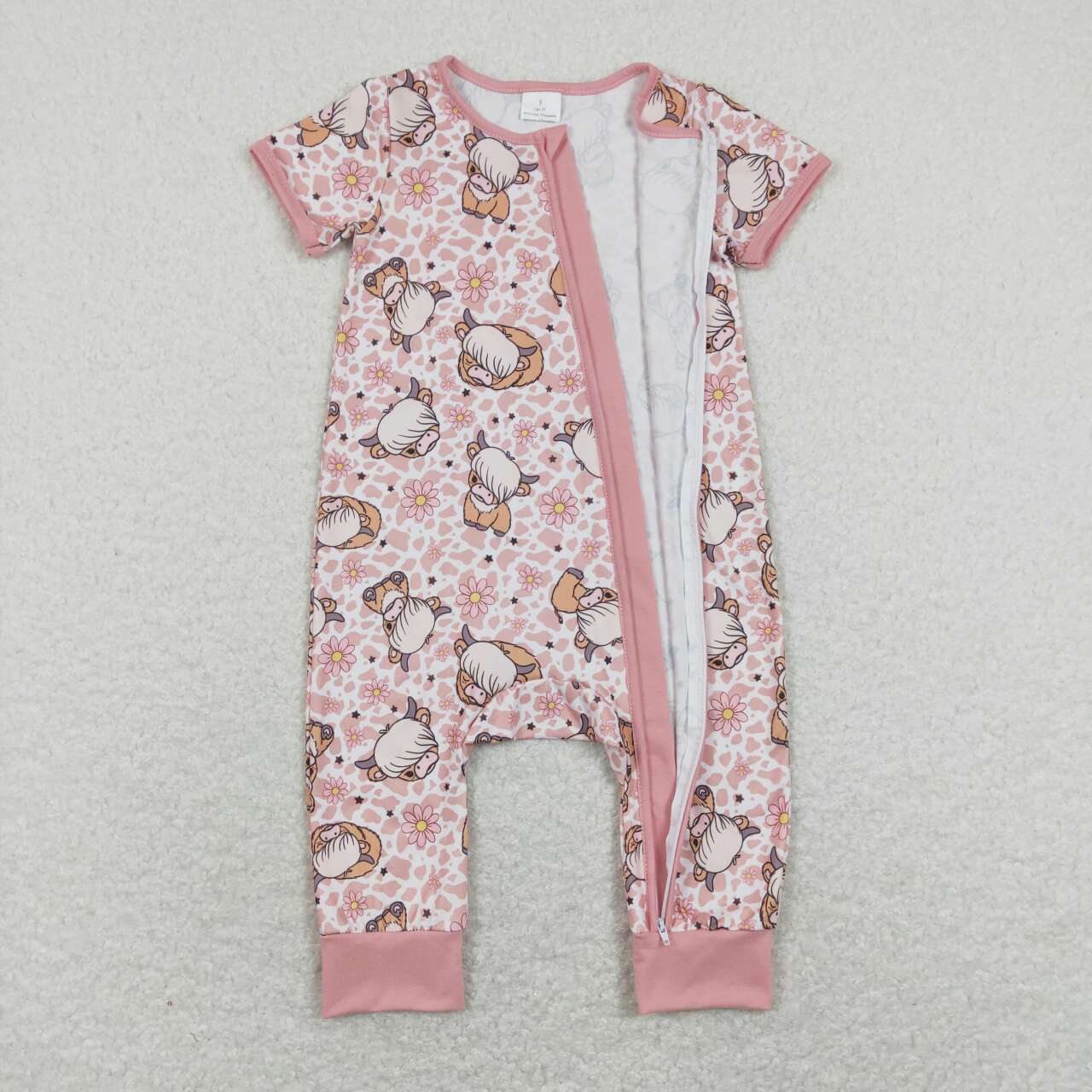 SR0924 Pink Flowers Highland Cow Print Baby Girls Zipper Romper