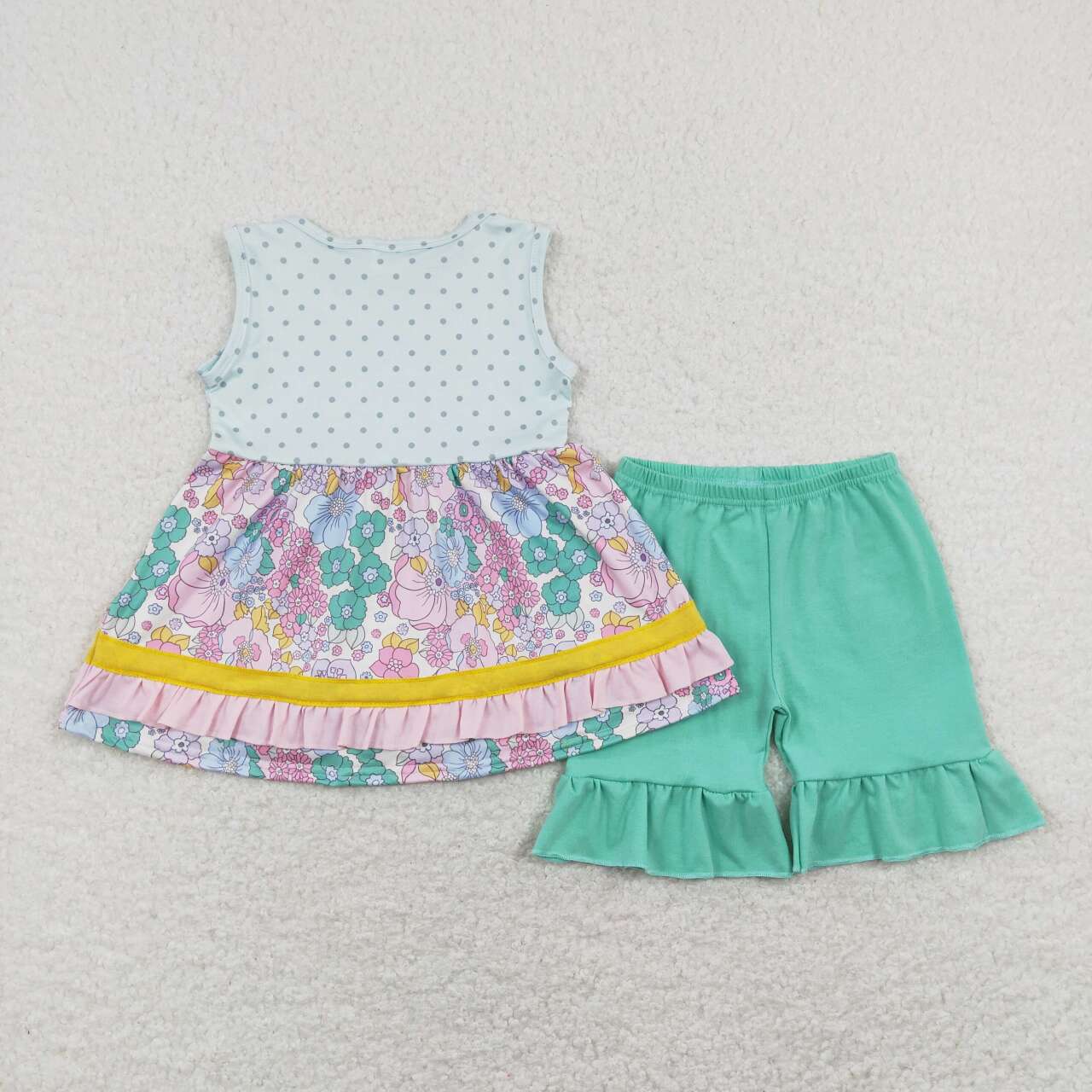 GSSO0503 Flowers Print Tunic Top Ruffles Shorts Girls Summer Clothes Set