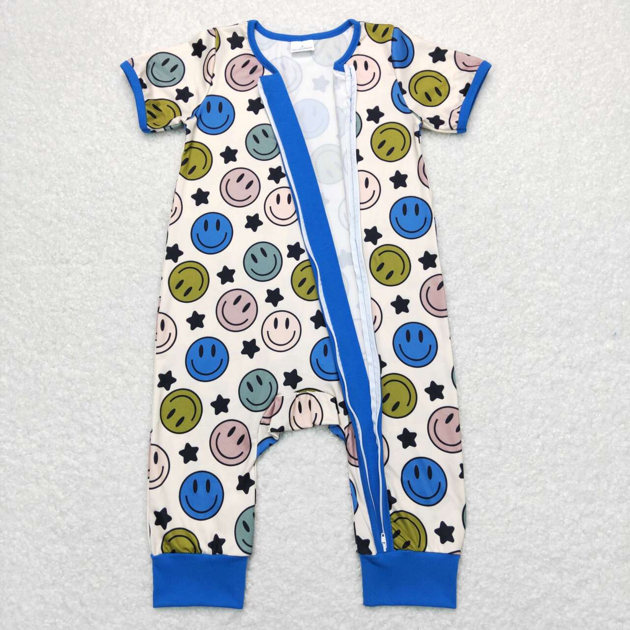 SR0944 Blue Smiling Face Print Baby Boys Zipper Romper