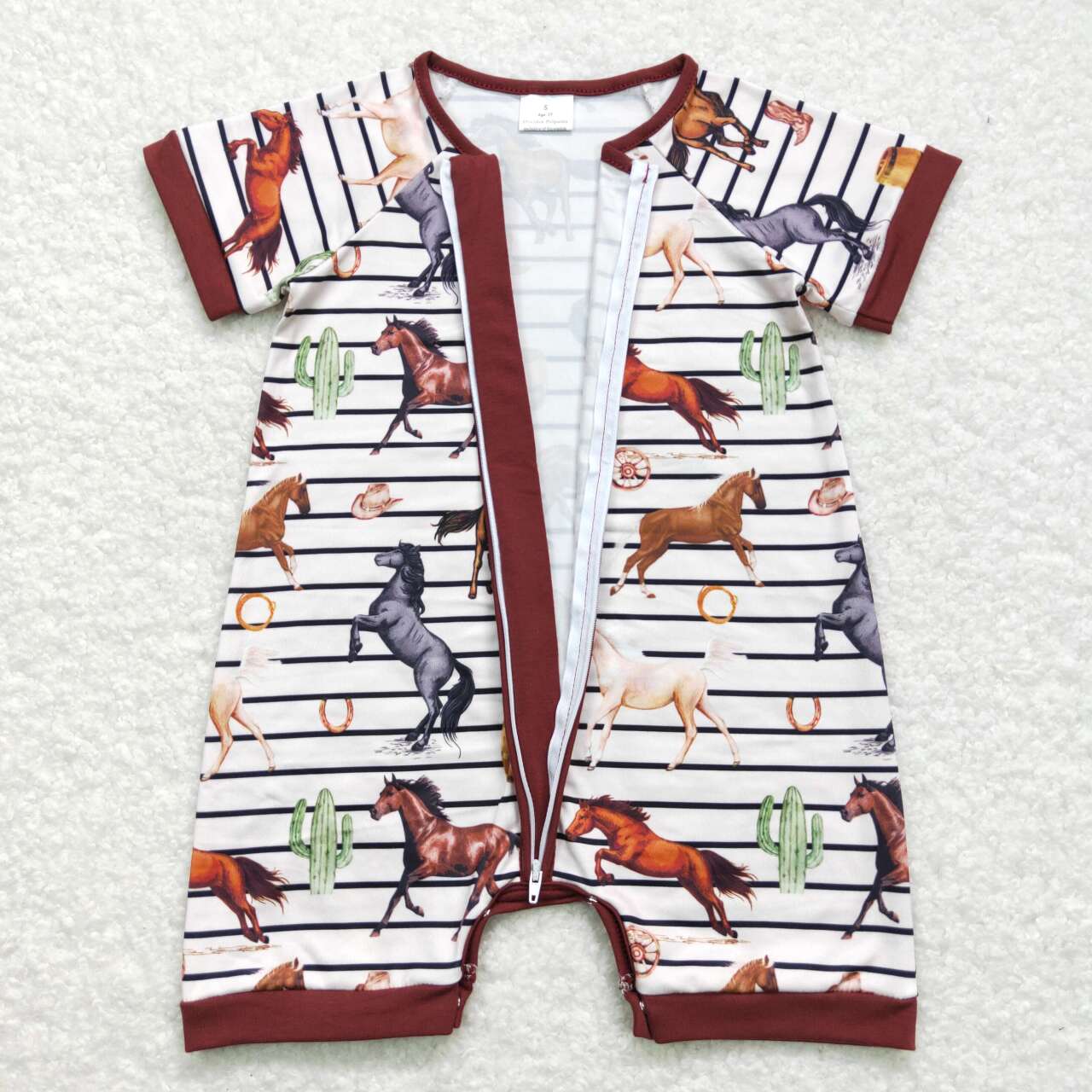 SR0823 Brown Horse Print Baby Boys Western Summer Zipper Romper