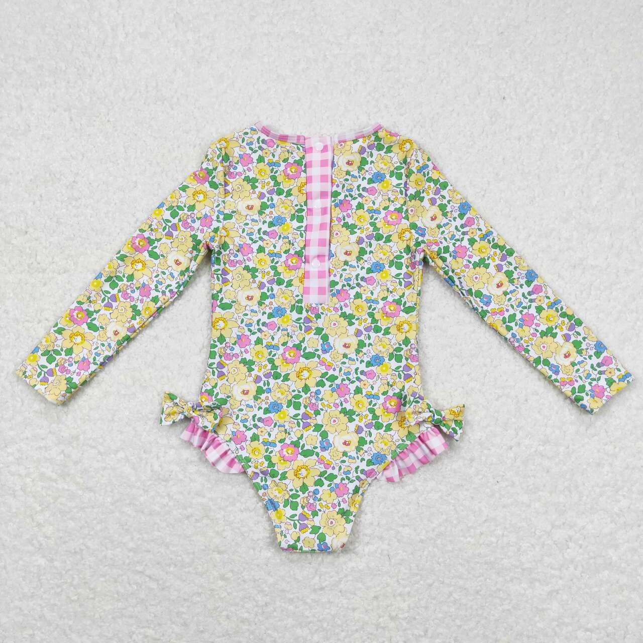 S0191 Yellow Flowers Print 1 Piece Girls Long Sleeve Zipper Swimsuits