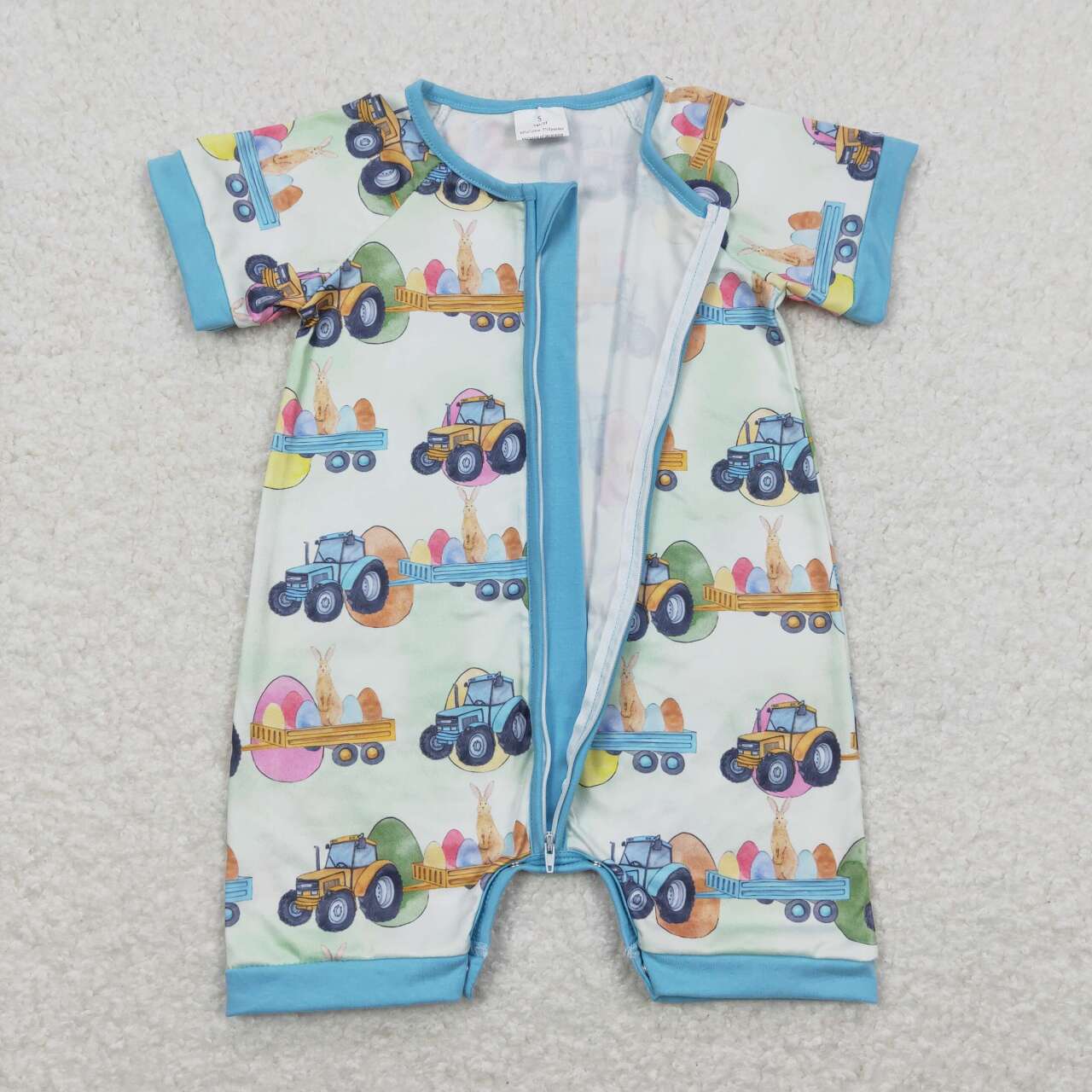 SR0883 Truck Eggs Bunny Print Baby Boys Easter Zipper Romper