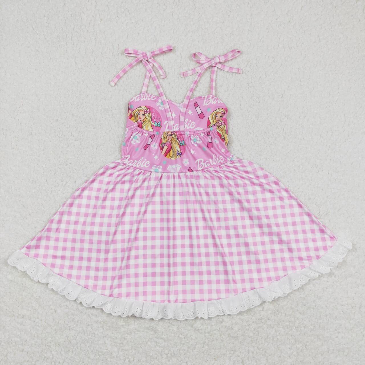 GSD0526 Pink BA Plaid Print Ruffle Girls Summer Knee Length Strap Dress