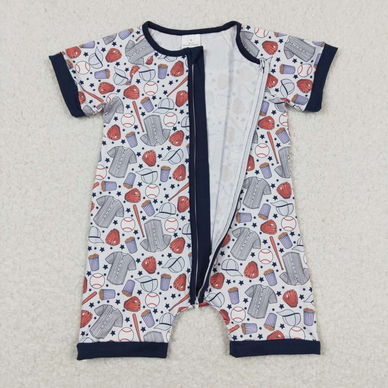 SR0581 Baseball Print Baby Boys Summer Zipper Romper
