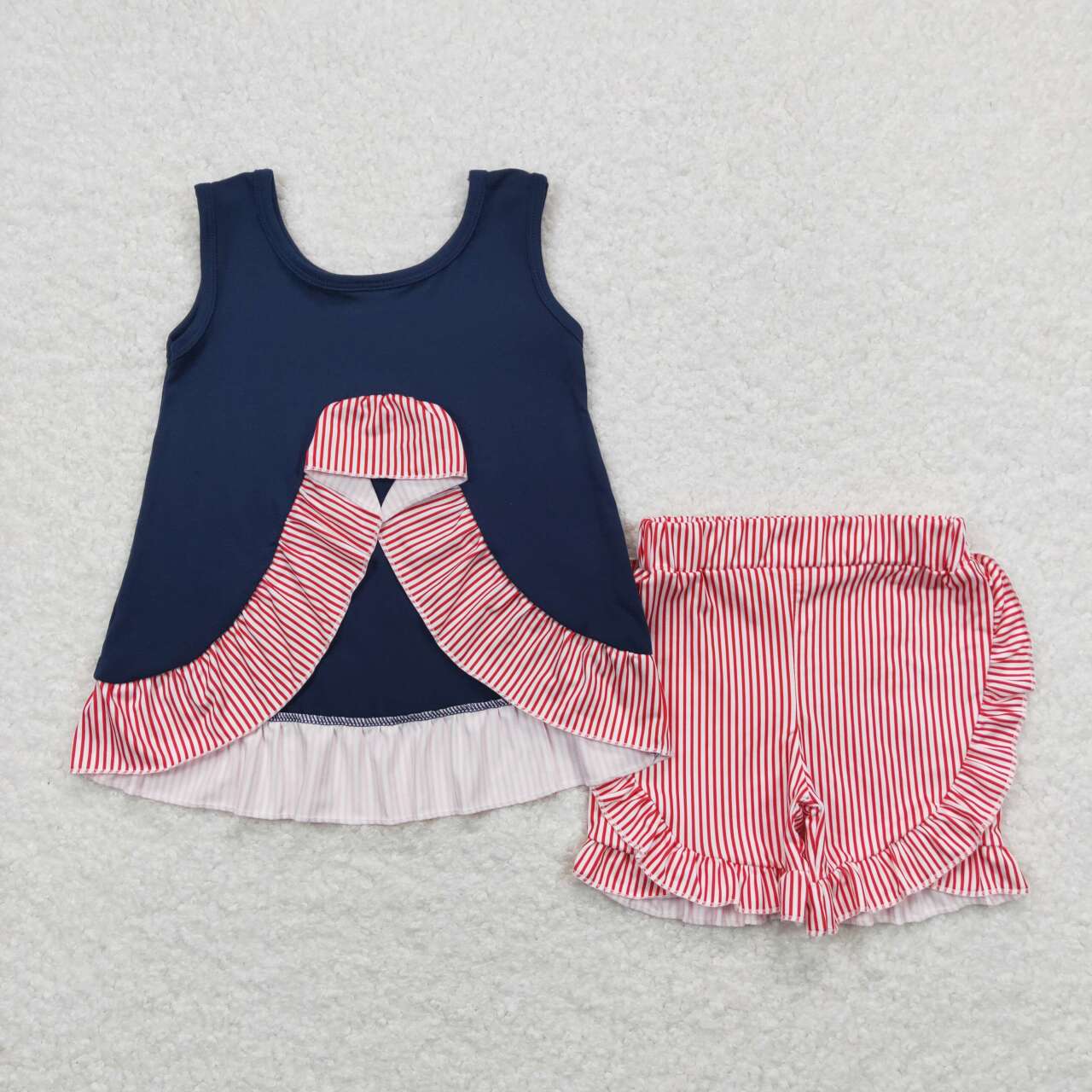 GSSO0405 Baseball Embroidery Navy Top Red Stripes Shorts Girls Summer Clothes Set