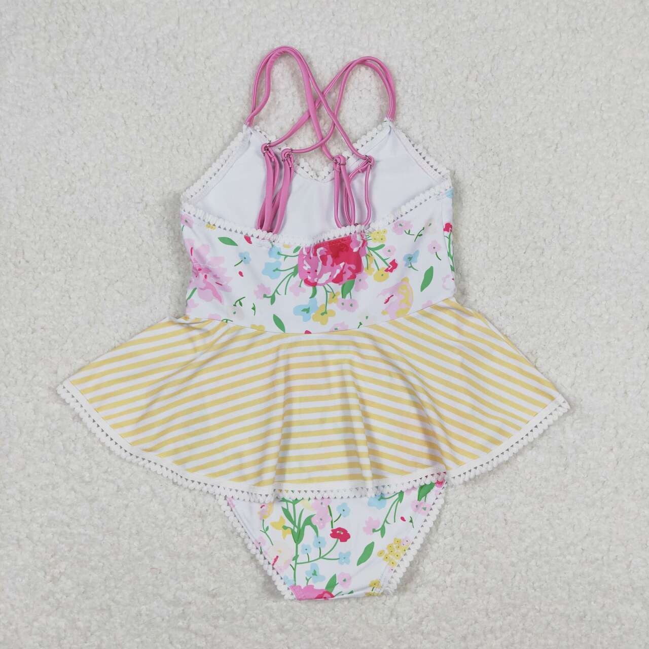 S0250 Girls Flowers Yellow Stripes Ruffle 1 Piece Swimsuits