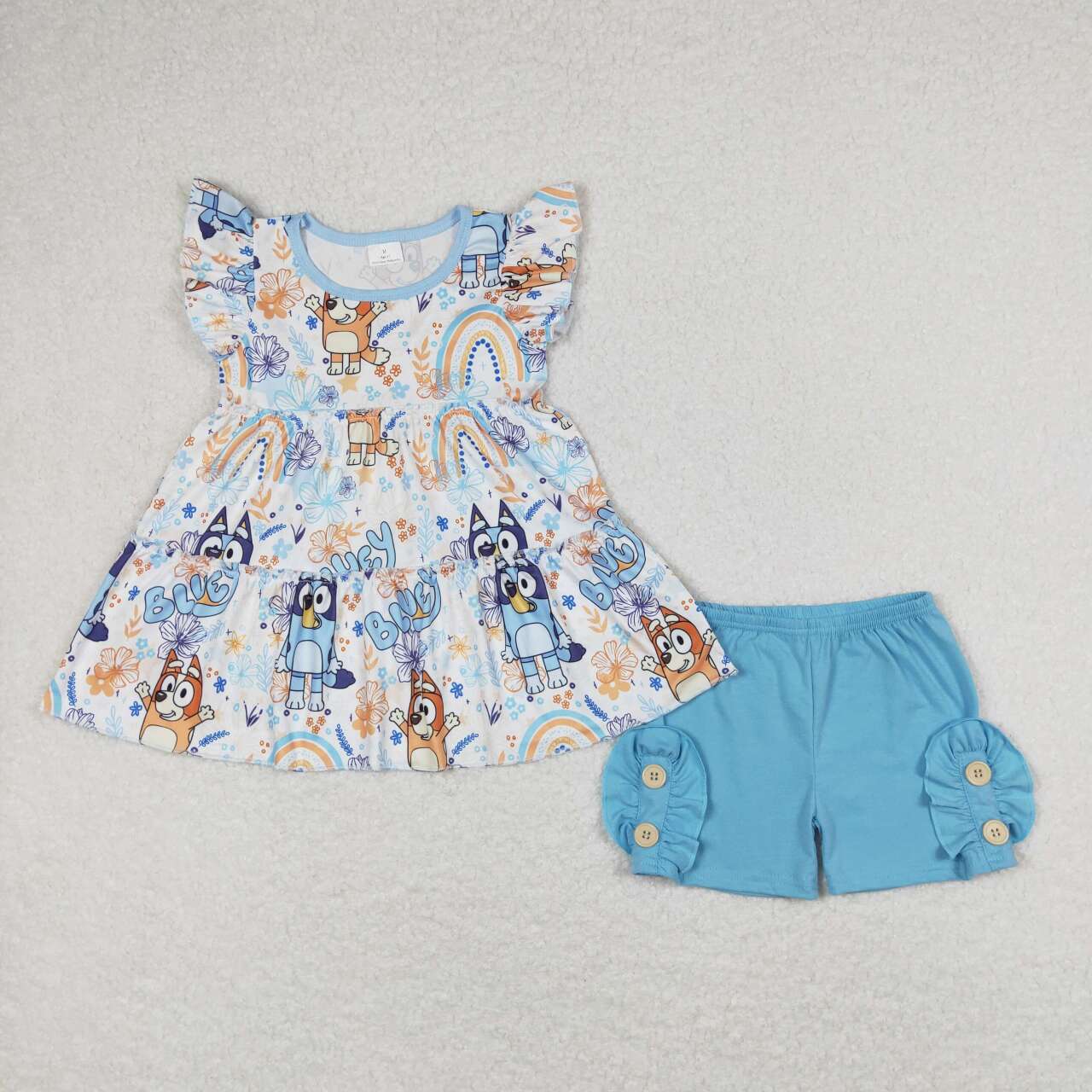 GSSO1170 Cartoon Dog Top Blue Buttons Shorts Girls Summer Clothes Set