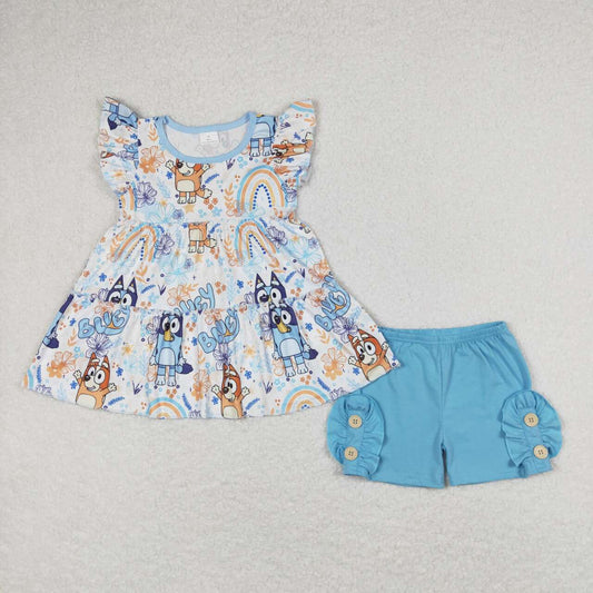 GSSO1170 Cartoon Dog Top Blue Buttons Shorts Girls Summer Clothes Set