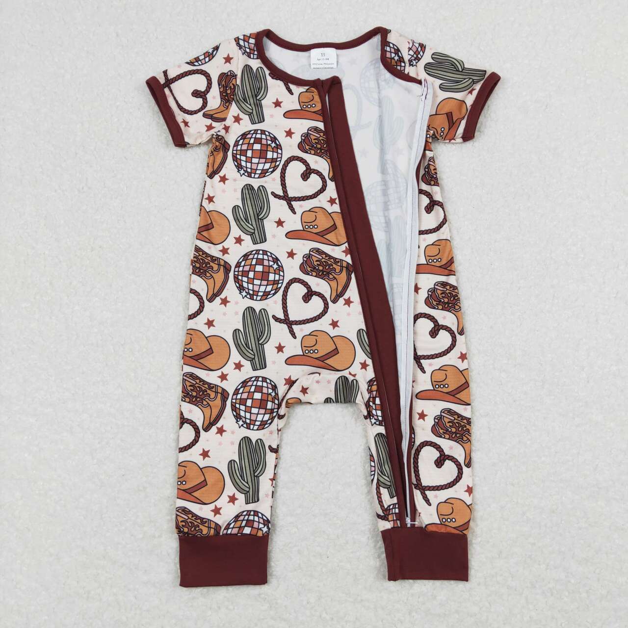 SR0973 Hat Boots Cactus Disco Print Baby Kids Summer Zipper Western Romper
