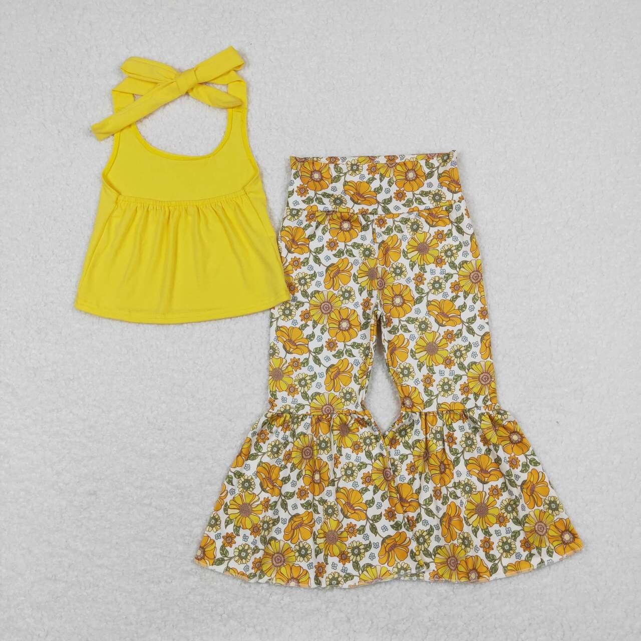 GSPO1430 Yellow Halter Top Mustard Flowers Bell Pants Girls Clothes Set