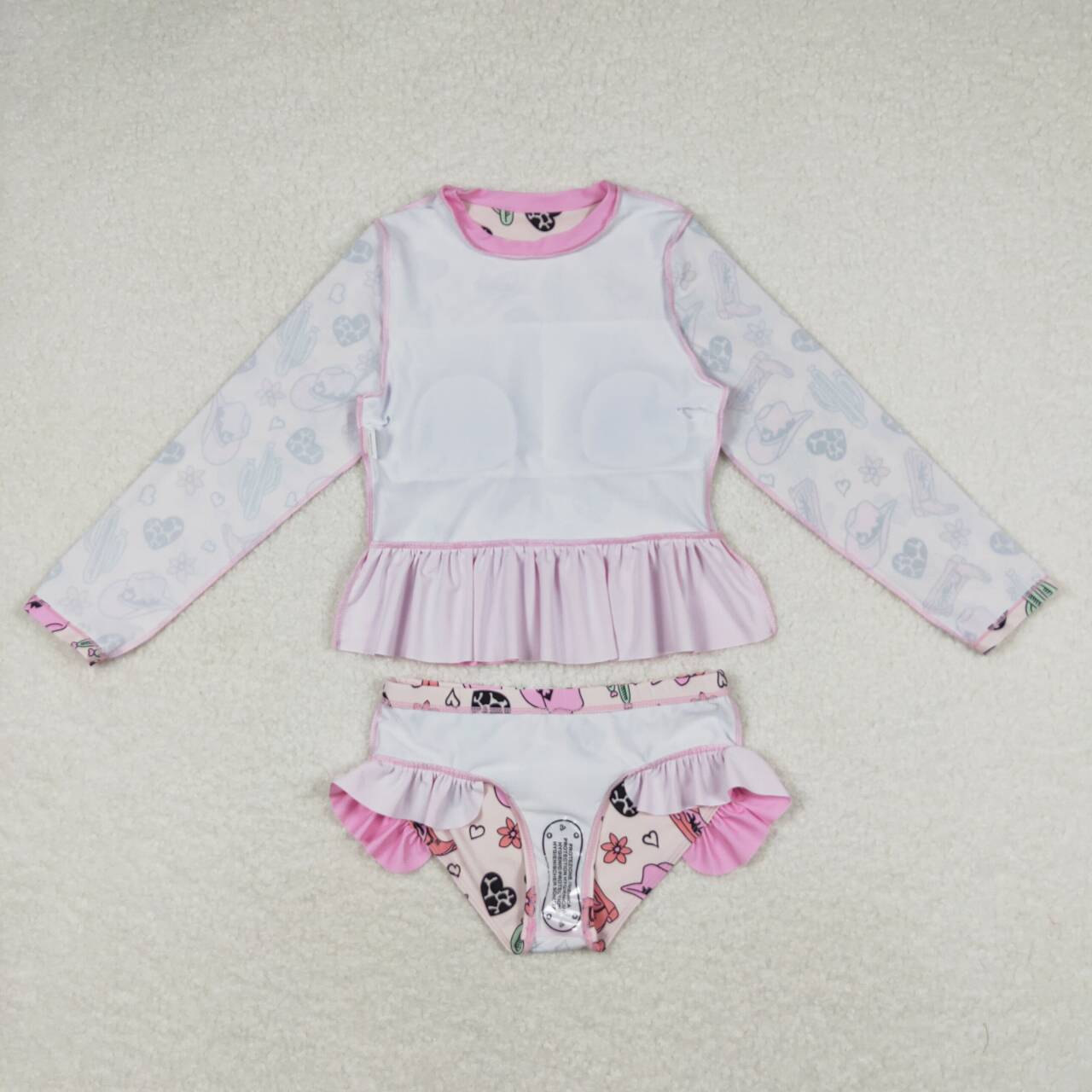S0262 Pink Hat Boots Cactus Western Print Girls 2 Pieces Long Sleeve Swimsuits