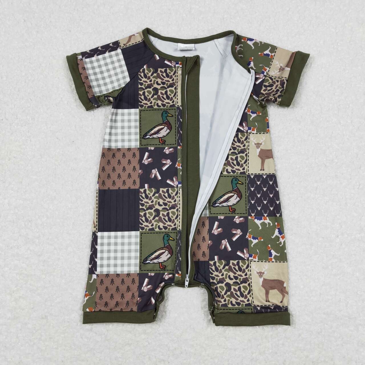 SR0902 Green Duck Deer Dog Print Baby Boys Summer Zipper Romper