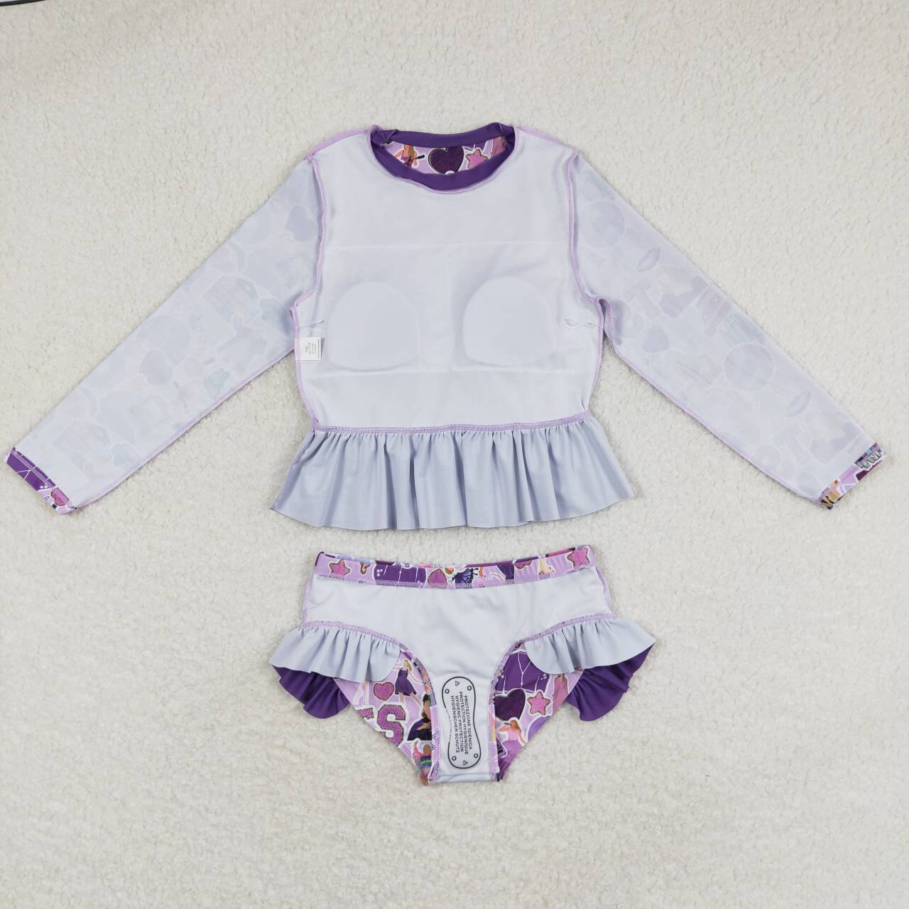 S0294 Purple Singer Swiftie Print Girls 2 Pieces Long Sleeve Swimsuits