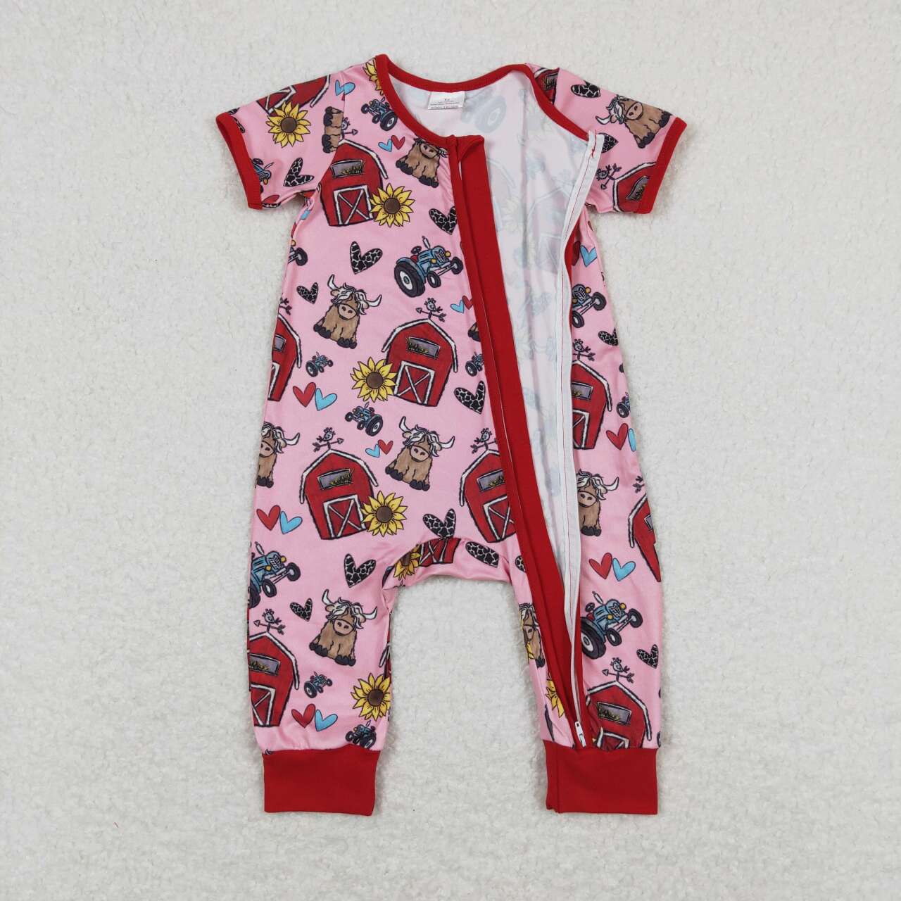 SR1368 Farm Cow Sunflowers Print Baby Girls Summer Zipper Romper